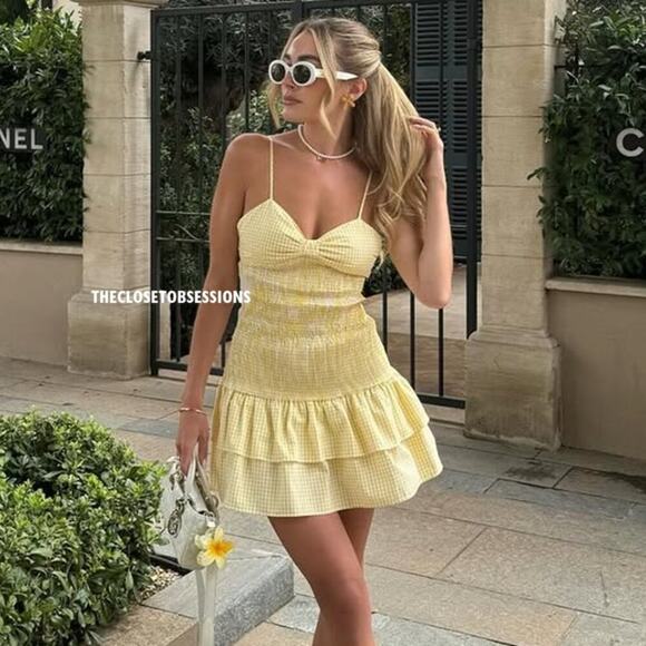 Zara Dresses & Skirts - Zara Yellow Gingham Smocked Mini Dress